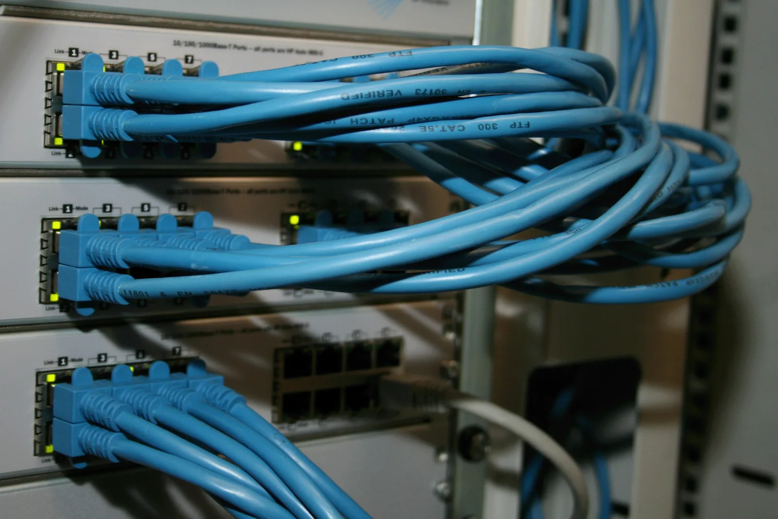 Rack'teki switch'lere bağlı mavi ağ kabloları